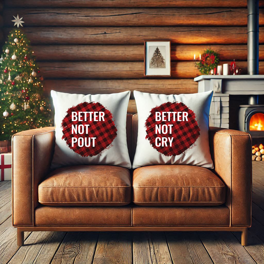 Better Not Pout Better Not Cry Pillowcase Set, Funny Christmas Pillows, Buffalo Plaid Christmas Decor