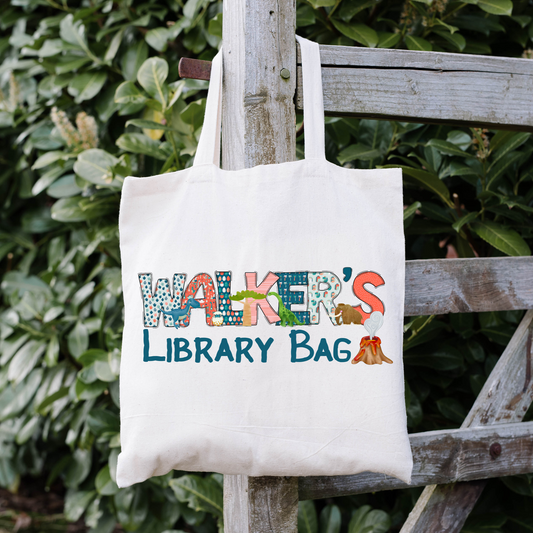 personalized dinosaur themed library tote bag