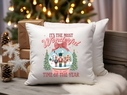 Pink Nutcracker Christmas Throw Pillow, Snow Globe Holiday Pillow, The Most Wonderful Time of The Year, Christmas Cushion, Holiday Pillow