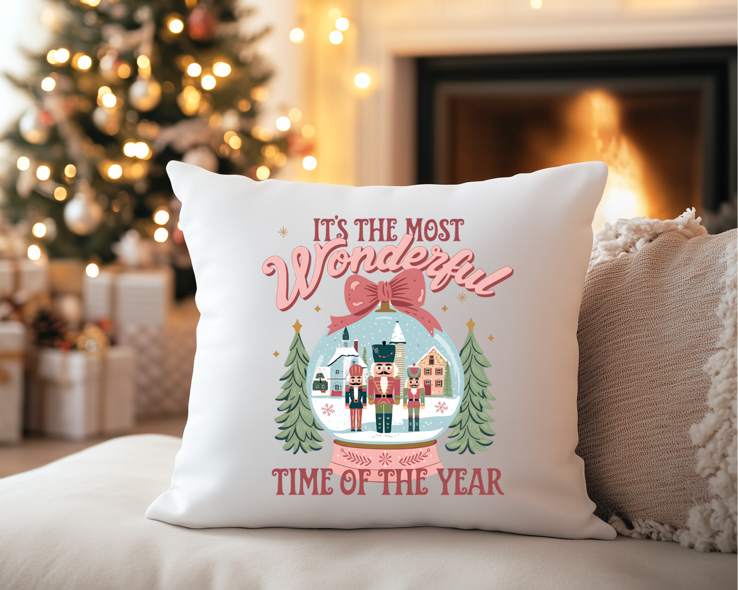 Pink Nutcracker Christmas Throw Pillow, Snow Globe Holiday Pillow, The Most Wonderful Time of The Year, Christmas Cushion, Holiday Pillow