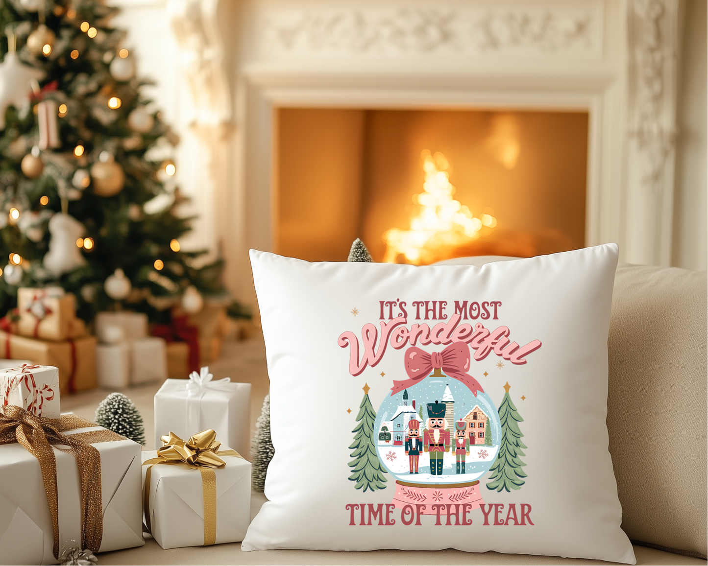 Pink Nutcracker Christmas Throw Pillow, Snow Globe Holiday Pillow, The Most Wonderful Time of The Year, Christmas Cushion, Holiday Pillow