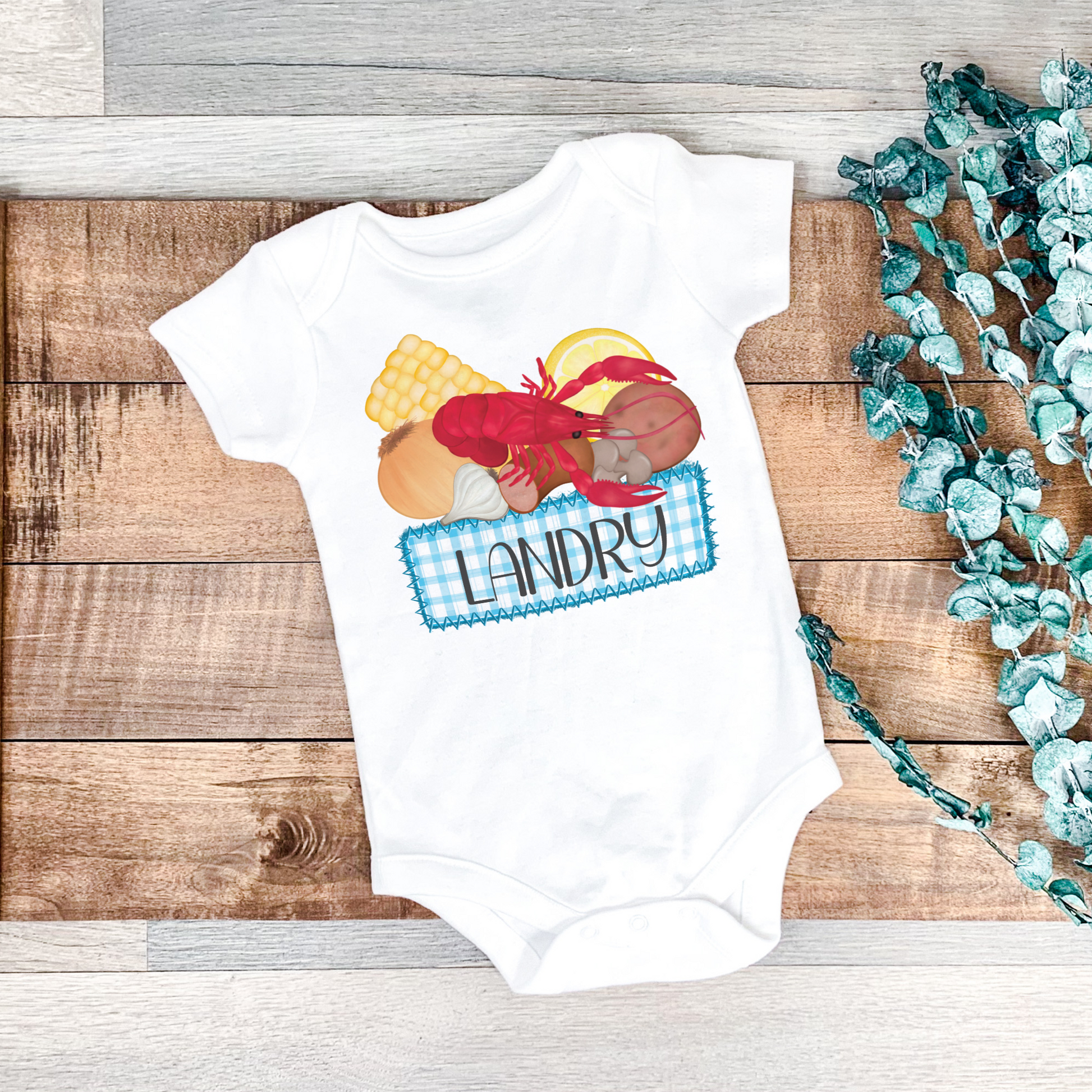 Baby Bodysuit Onesie with crawfish theme and blue gingham box with name. Personalized first Crawfish Boil Onesie