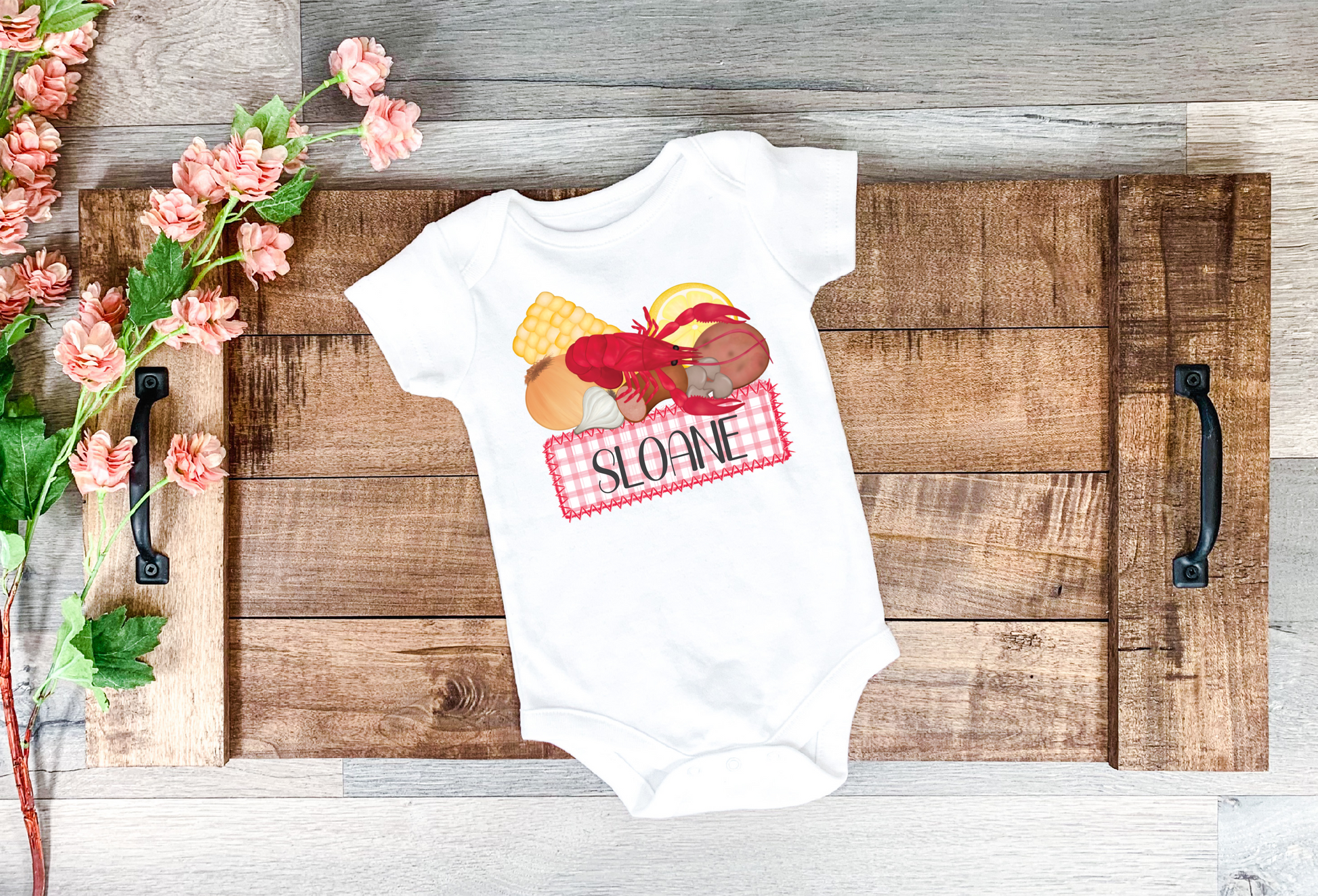 Baby Bodysuit Onesie with crawfish theme and blue gingham box with name. Personalized first Crawfish Boil Onesie