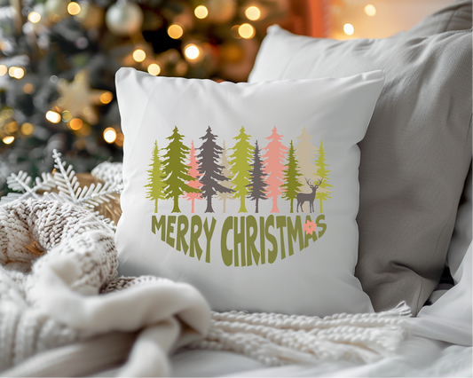 Colorful Fir Trees Pillow, Christmas Tree Throw Pillow Cover, Vintage Style Christmas Tree Pillow, Merry Christmas Pillow Cover