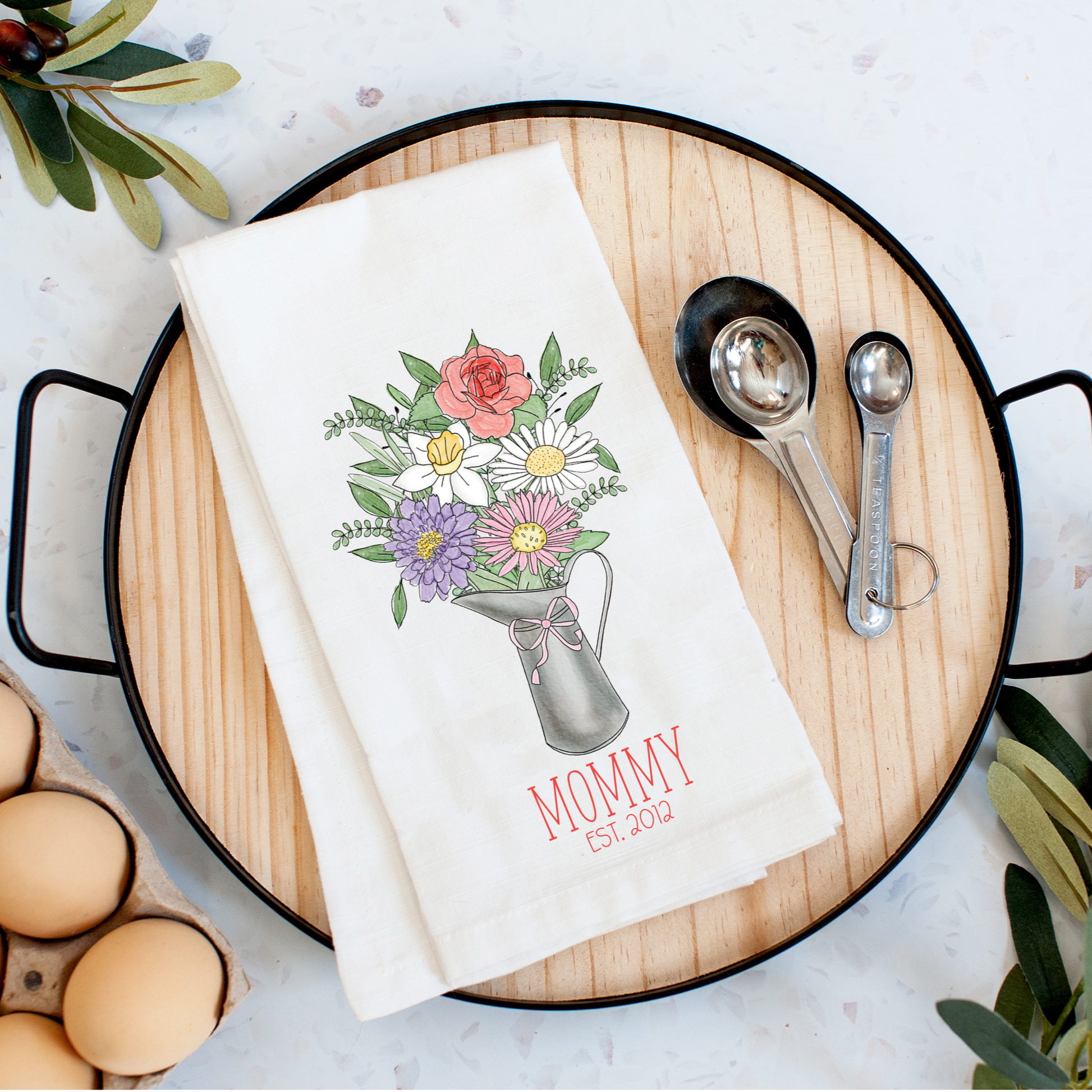 Metal Vase Birth Month Flower Bouquet Tea Towel