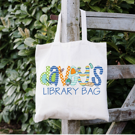 Boys Name Library Tote with Faux Applique Look