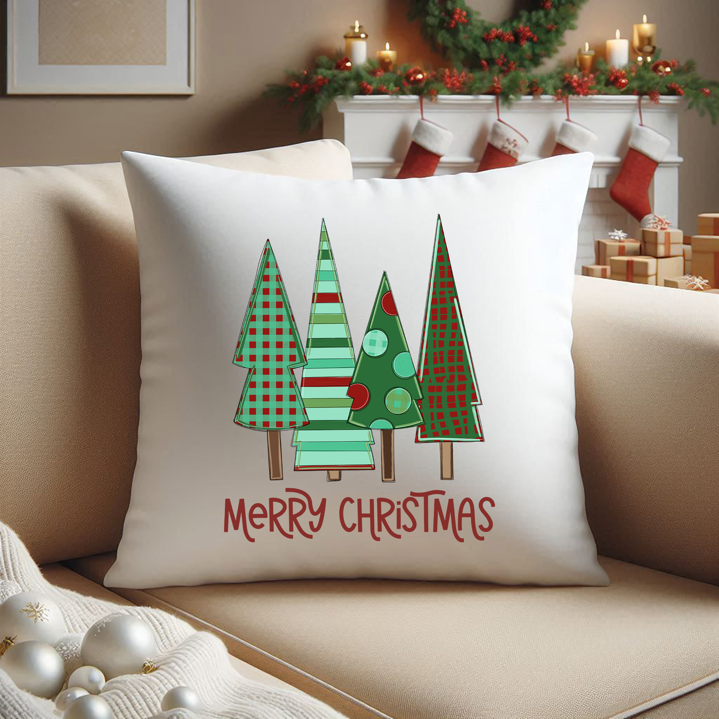 Colorful Christmas Tree Pillow, Funky Christmas Tree Throw Pillow Cover, Modern Christmas Trees Pillow, Merry Christmas Pillow