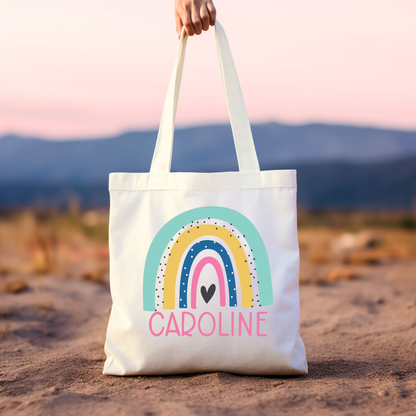 Girls Rainbow with Name Tote Bag