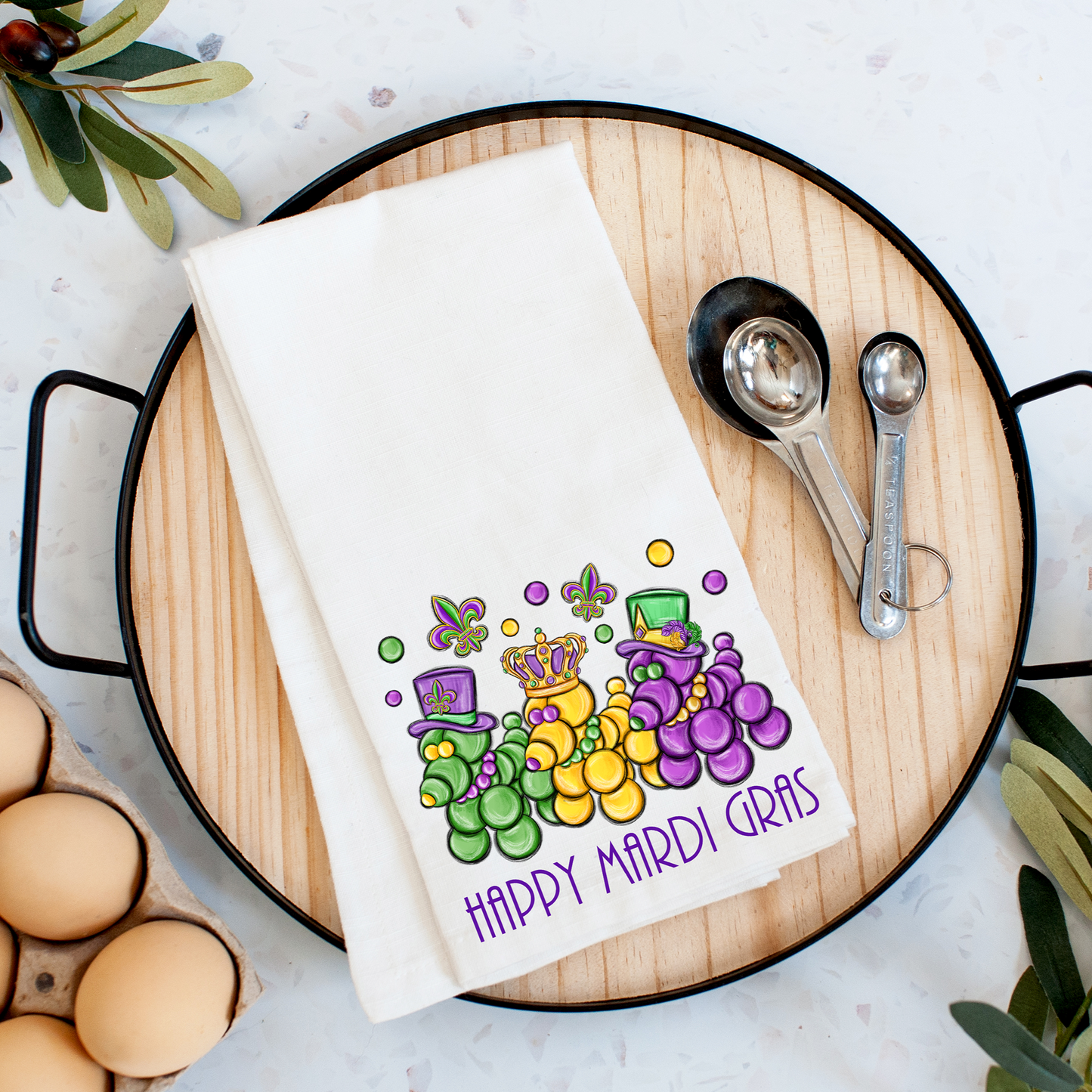 Happy Mardi Gras Bead Dog Tea Towel