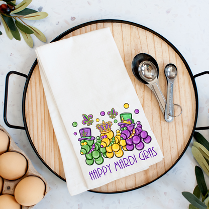 Happy Mardi Gras Bead Dog Tea Towel