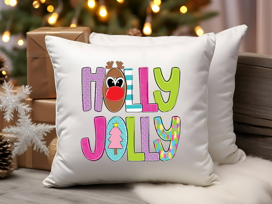 Holly Jolly Christmas Pillow Cover, Reindeer Christmas Pillow, Pink Christmas Throw Pillow, Kids Christmas Pillow