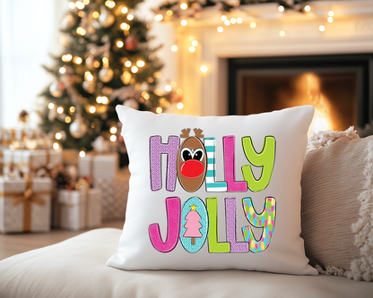 Holly Jolly Christmas Pillow Cover, Reindeer Christmas Pillow, Pink Christmas Throw Pillow, Kids Christmas Pillow