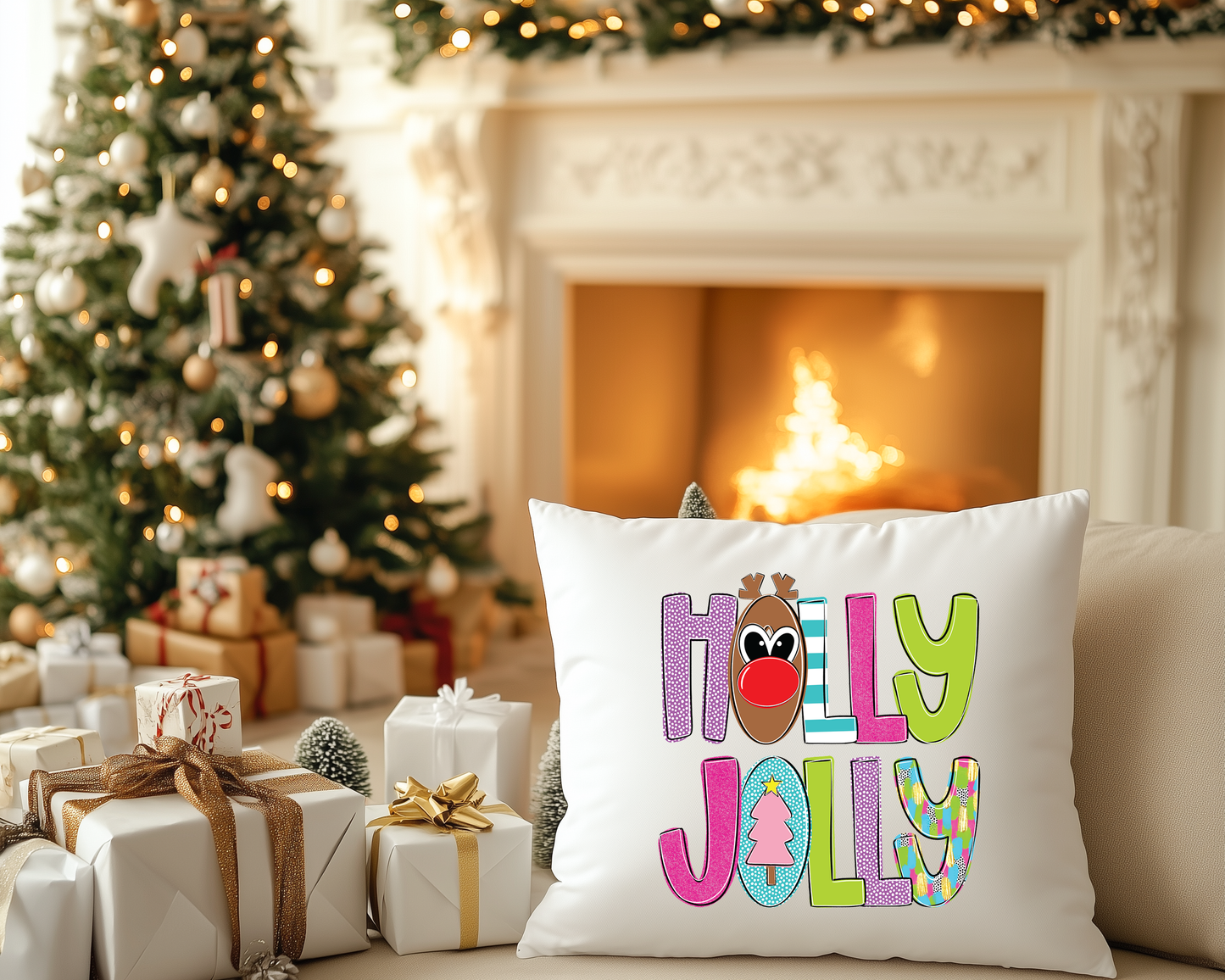 Holly Jolly Christmas Pillow Cover, Reindeer Christmas Pillow, Pink Christmas Throw Pillow, Kids Christmas Pillow