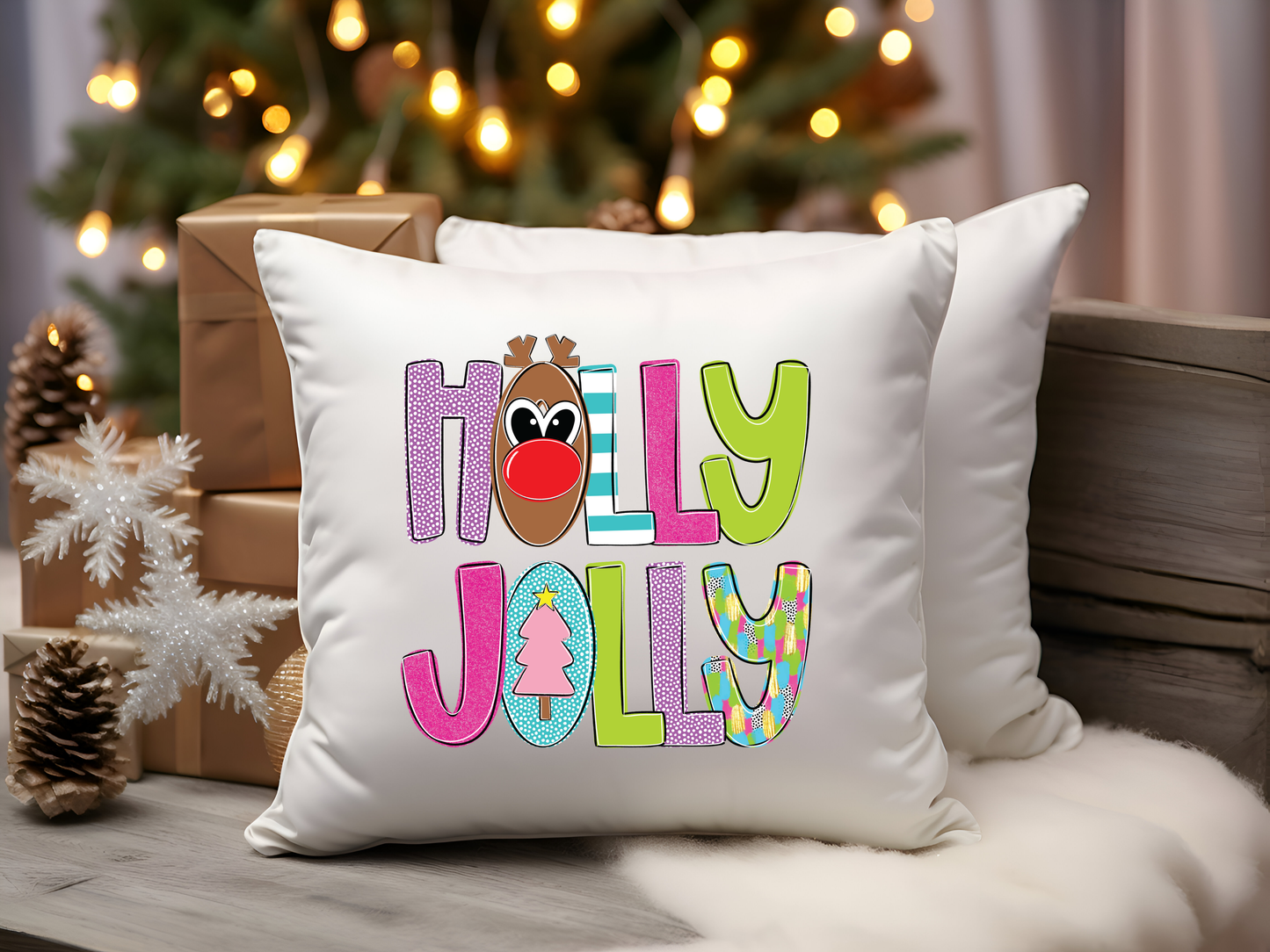 Merry & Bright, Holly Jolly Christmas Pillow Cover Set, Reindeer Christmas Pillow, Pink Christmas Throw Pillow, Kids Christmas Pillow (Copy)