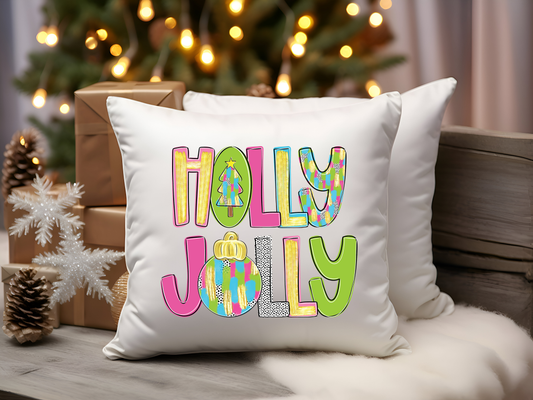 Holly Jolly Christmas Pillow Cover, Colorful Bright Christmas Pillow, Kids Christmas Pillow, Brush Strokes Christmas Pillow