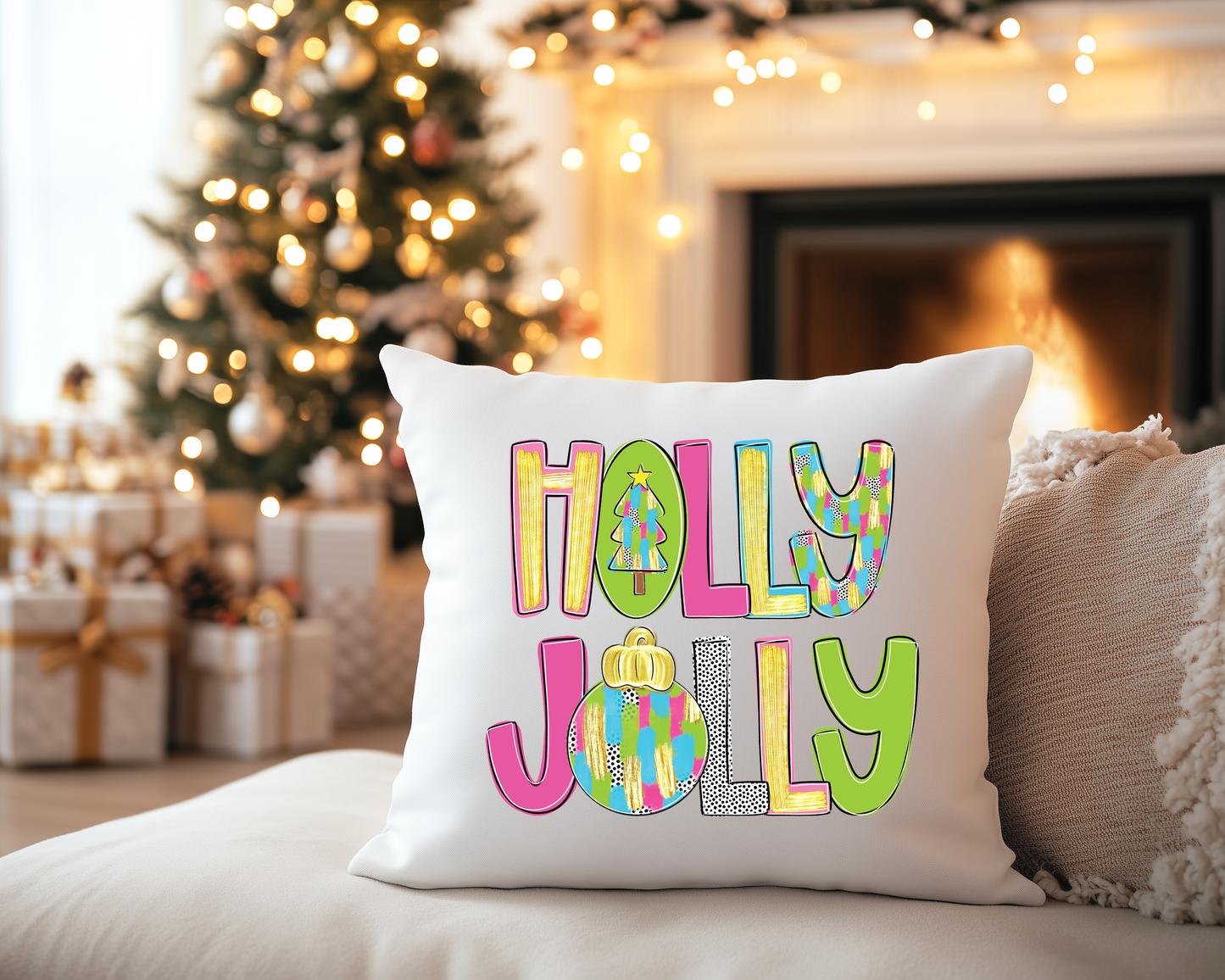 Holly Jolly Christmas Pillow Cover, Colorful Bright Christmas Pillow, Kids Christmas Pillow, Brush Strokes Christmas Pillow