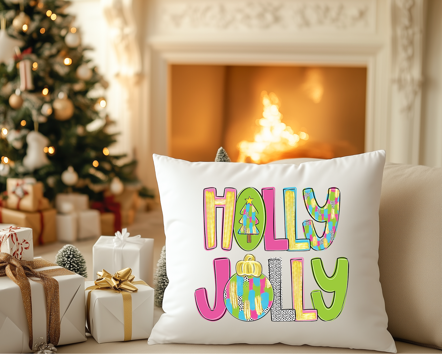 Holly Jolly Christmas Pillow Cover, Colorful Bright Christmas Pillow, Kids Christmas Pillow, Brush Strokes Christmas Pillow