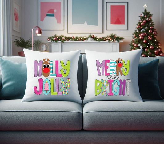 Merry & Bright, Holly Jolly Christmas Pillow Cover Set, Reindeer Christmas Pillow, Pink Christmas Throw Pillow, Kids Christmas Pillow (Copy)