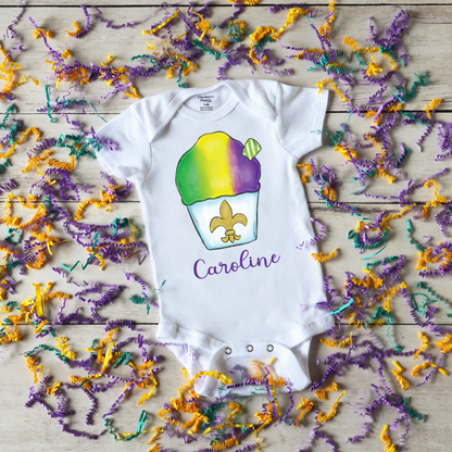 Nola Baby Name Onesie, Personalized Mardi Gras Snoball Onesie