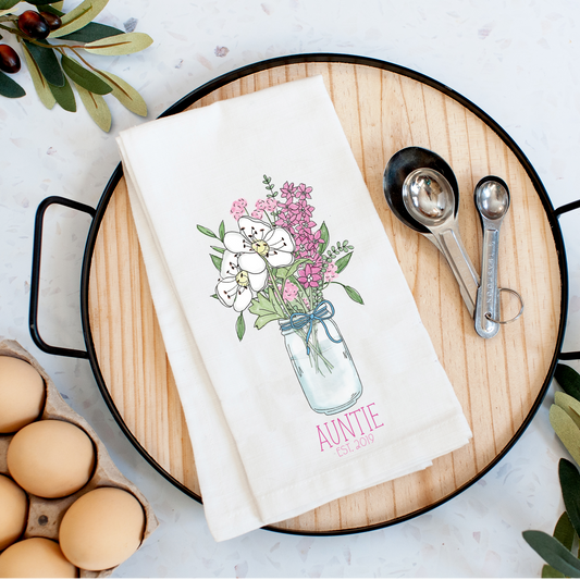 Mason Jar Birth Month Flower Bouquet Tea Towel