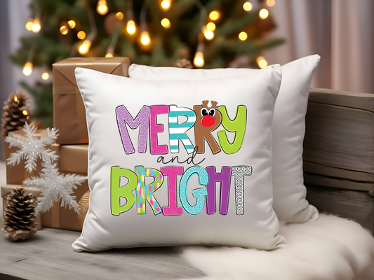 Merry & Bright Christmas Pillow Cover, Reindeer Christmas Pillow, Pink Christmas Throw Pillow, Kids Christmas Pillow