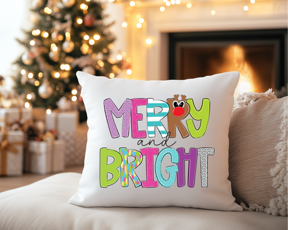 Merry & Bright Christmas Pillow Cover, Reindeer Christmas Pillow, Pink Christmas Throw Pillow, Kids Christmas Pillow