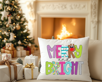 Merry & Bright Christmas Pillow Cover, Reindeer Christmas Pillow, Pink Christmas Throw Pillow, Kids Christmas Pillow