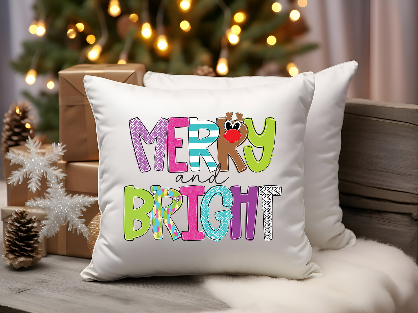 Merry & Bright, Holly Jolly Christmas Pillow Cover Set, Reindeer Christmas Pillow, Pink Christmas Throw Pillow, Kids Christmas Pillow (Copy)