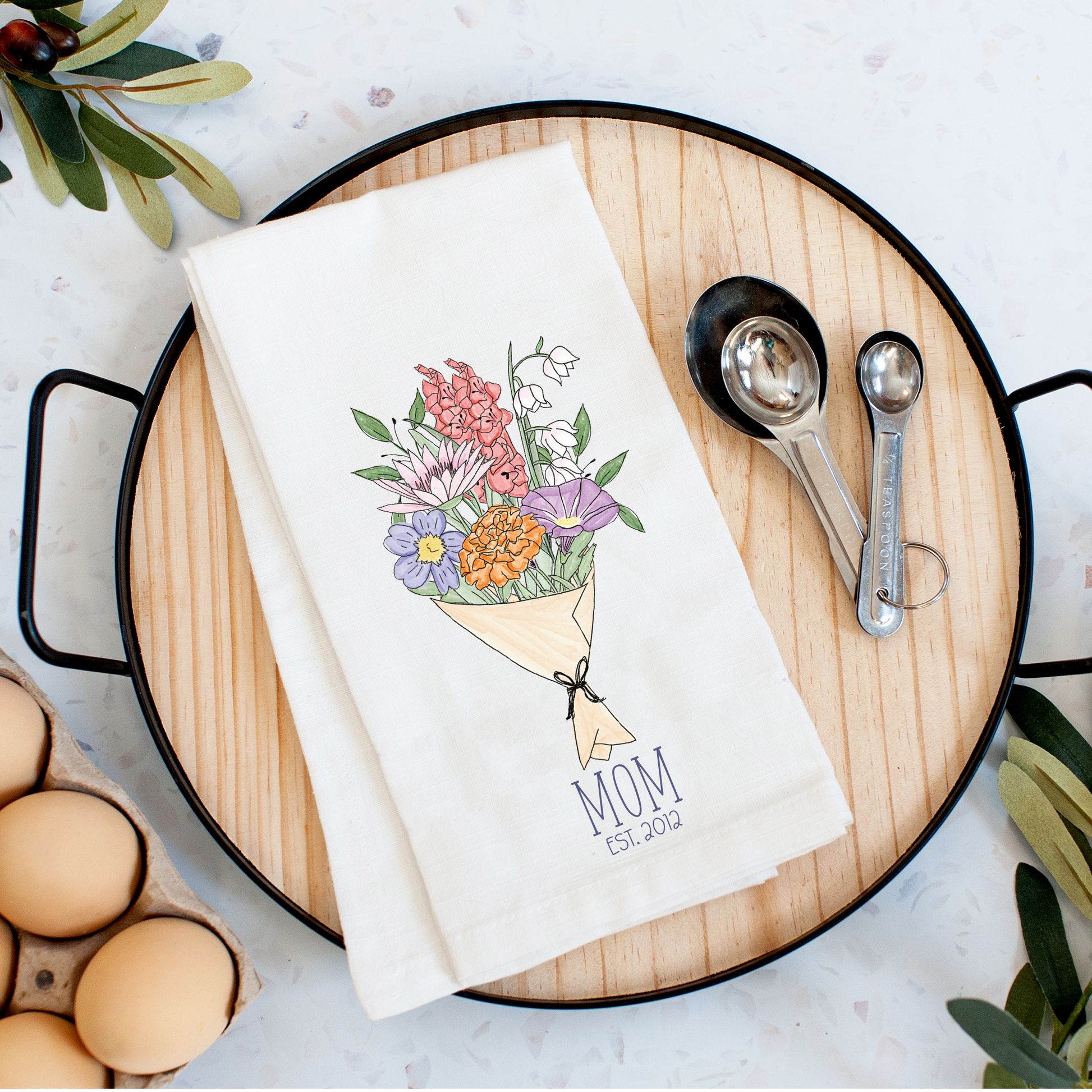 Paper Wrap Birth Month Flower Bouquet Tea Towel