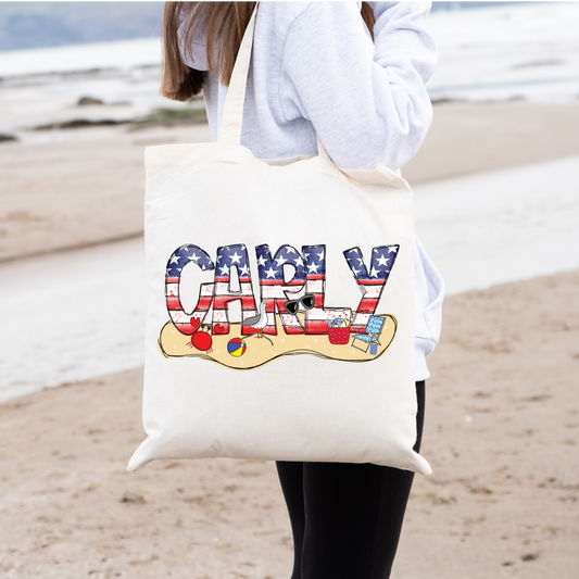 Personalized Tote Bag with American Flag Patterned Font