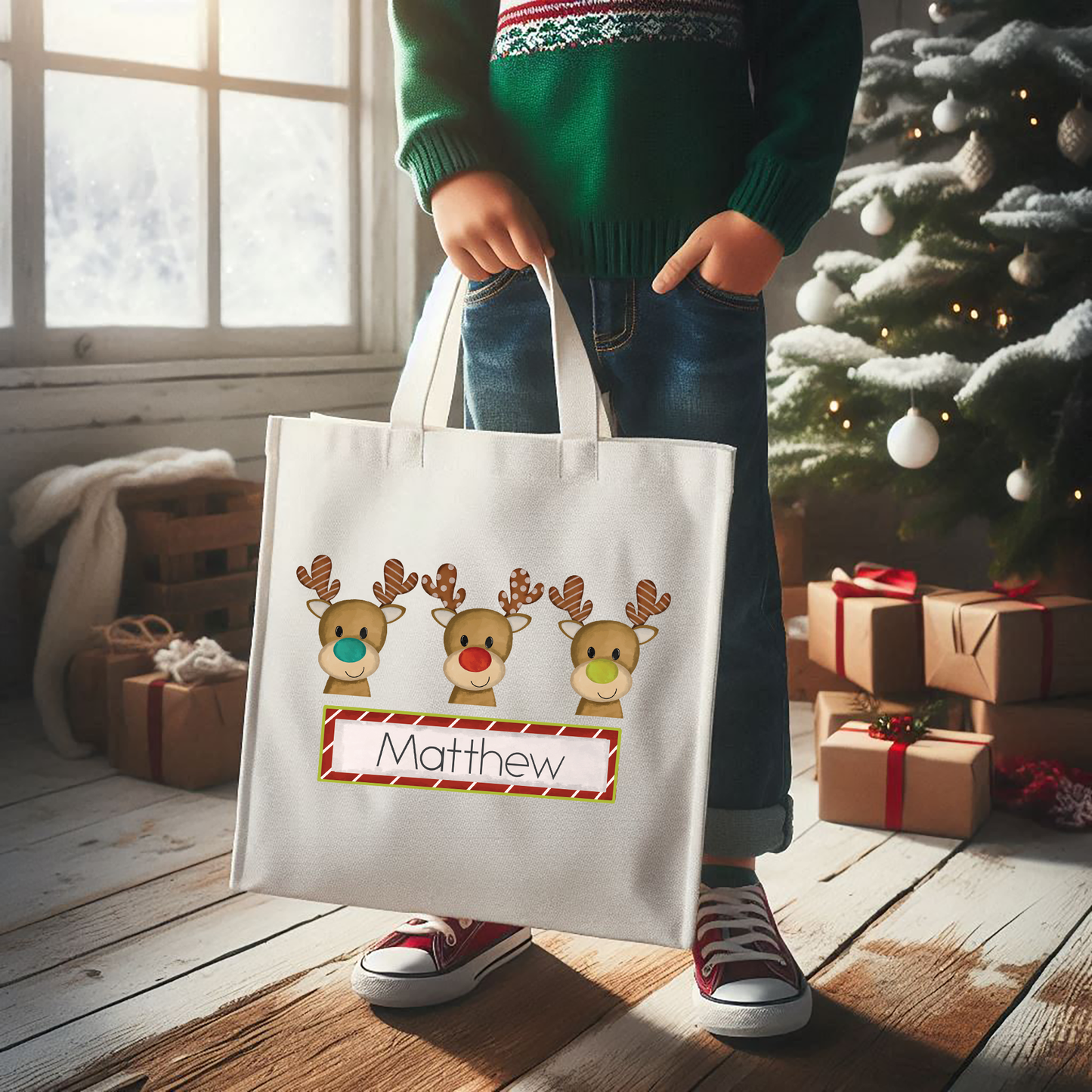 Personalized Boys Reindeer Tote Bag