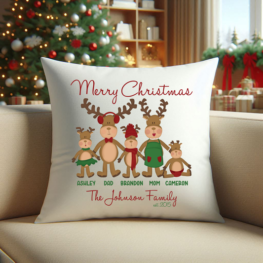 Personalized Christmas Pillow; Reindeer Family Pillowcase