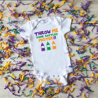 Funny Mardi Gras Baby Onesie, Throw Me Something Mister