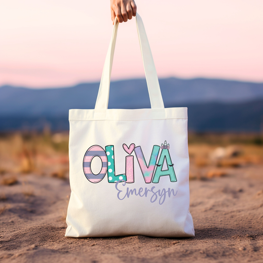 Unicorn Themed Girls Name Tote Bag