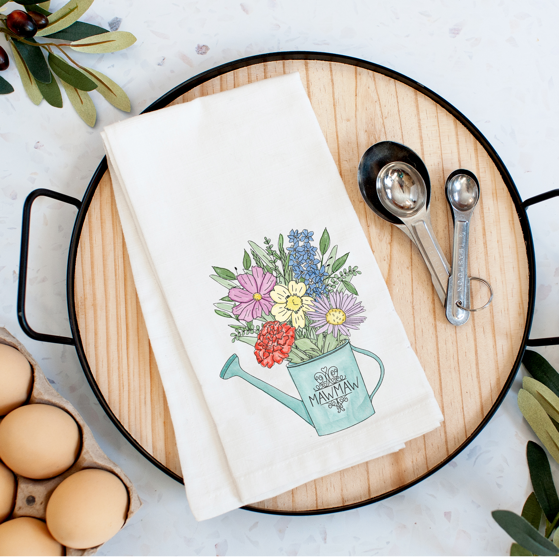 Water Pail Birth Month Flower Bouquet Tea Towel